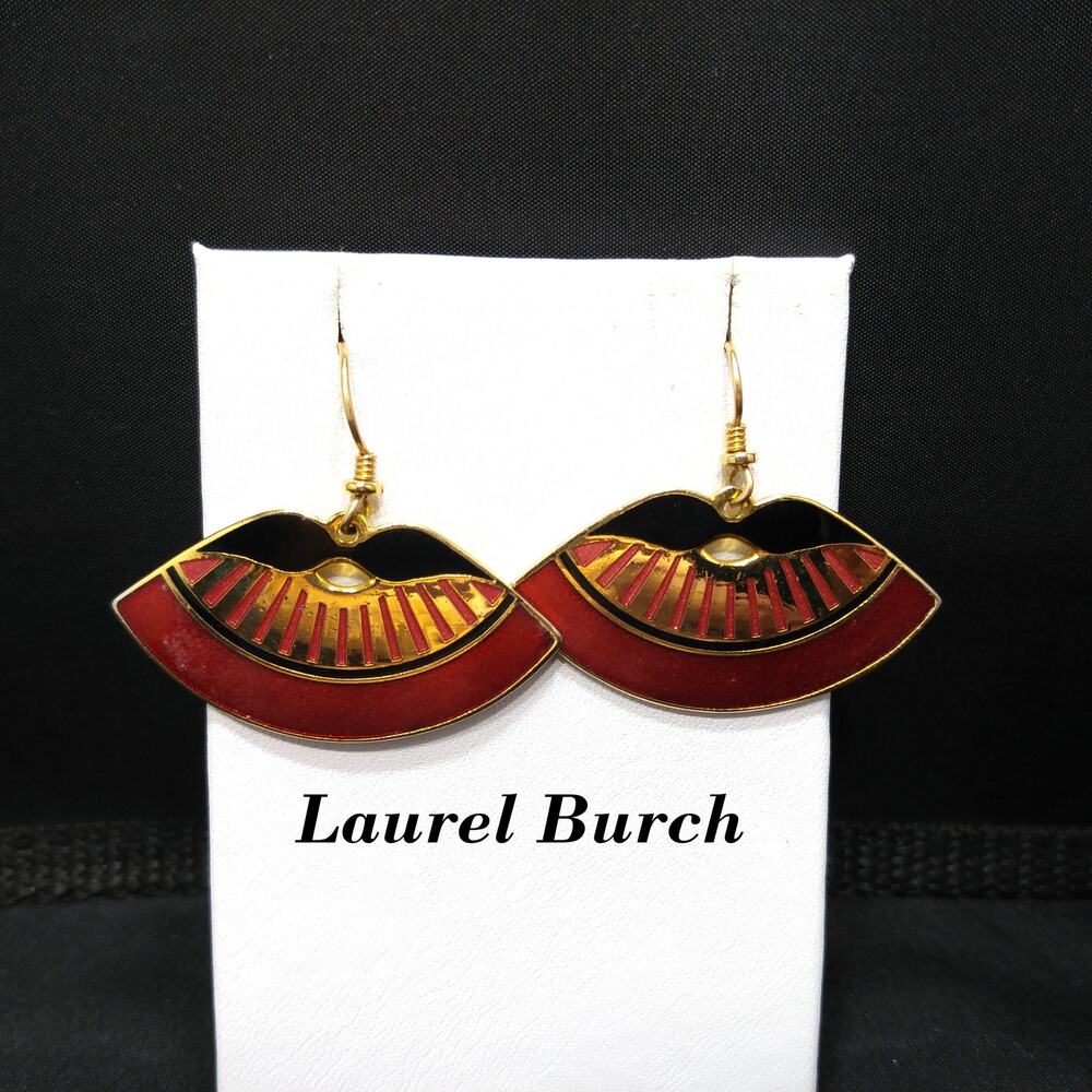 Laurel Burch Metallic Red Fan Earrings, Cloisonne Gold Plate Enamel, 1980s